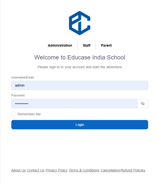 Educase India School — login portal with Administration, Staff, and Parent roles