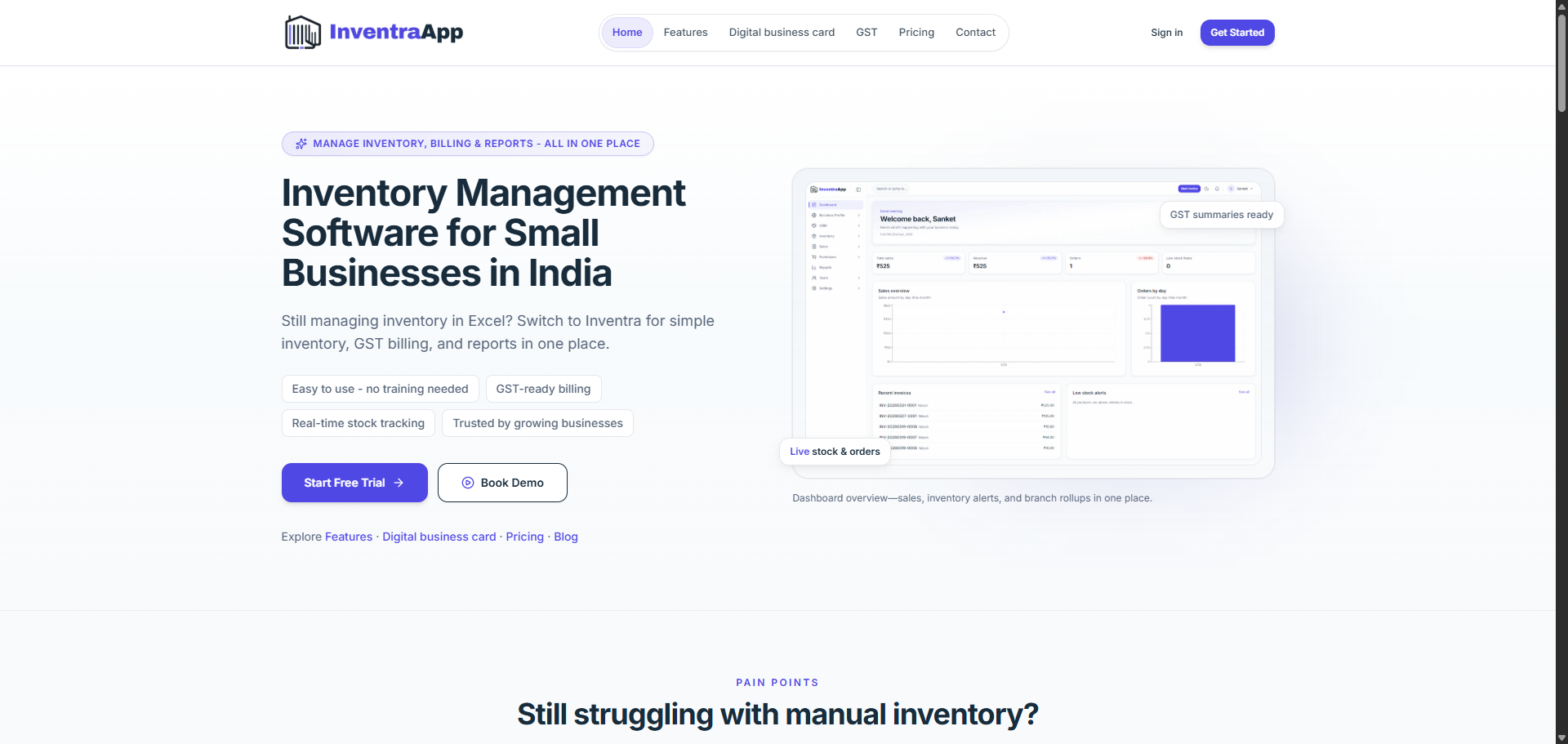 InventraApp — landing hero with inventory dashboard preview, GST-ready billing, and sales overview